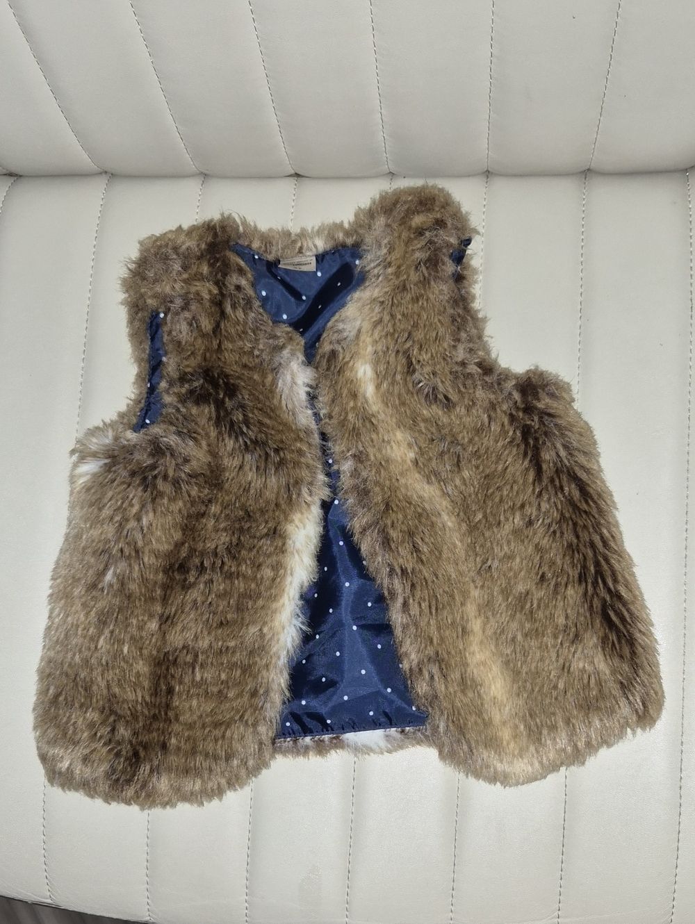 OshKosh B'gosh Brown Faux Fur Vest 2T with Navy Polka Dot Lining